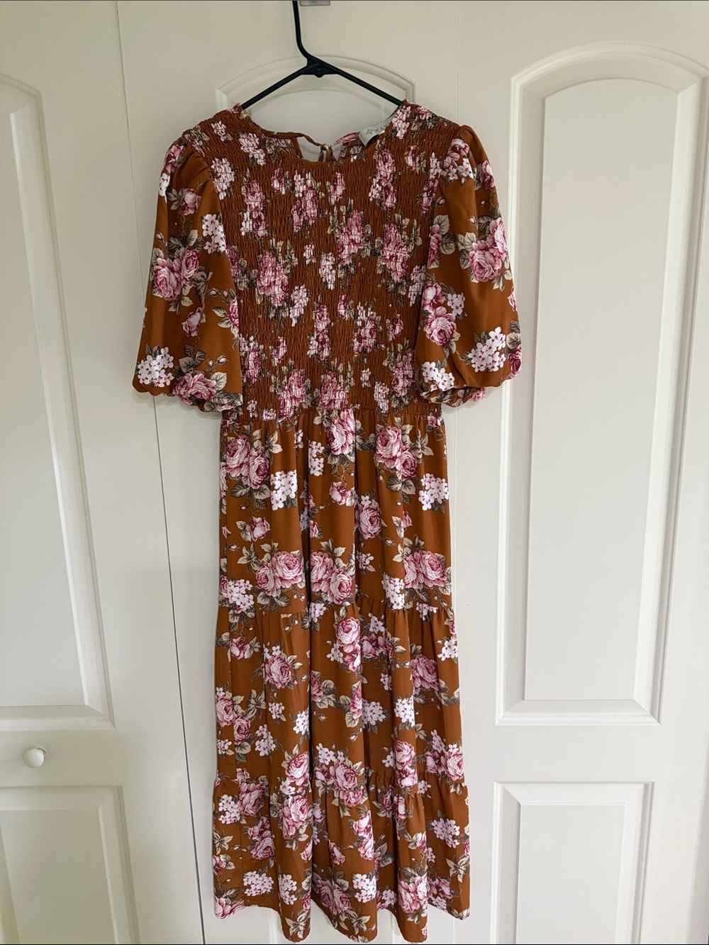Women's Floral Smocked Midi/Maxi Dress - Brown with Pink Blooms